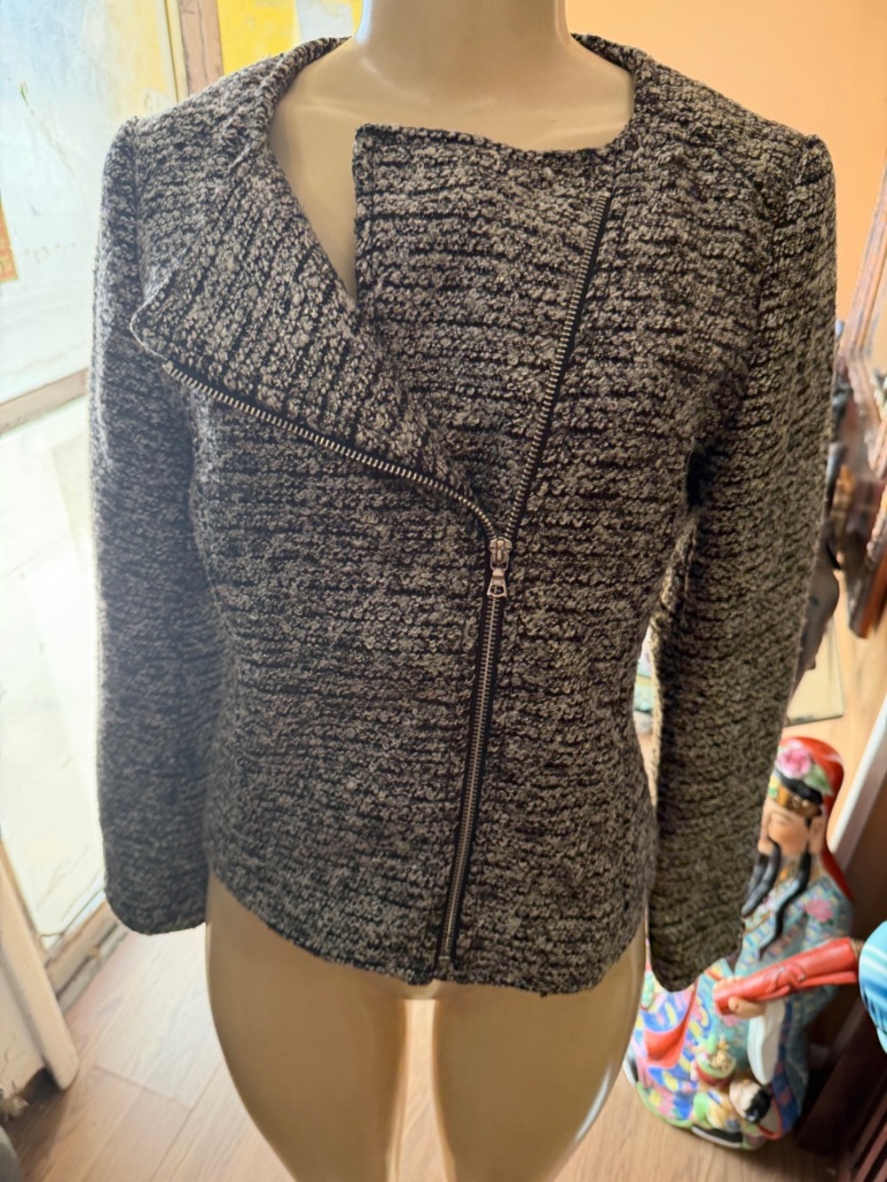 H&M Black & White Textured Knit Zip Jacket